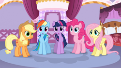 Size: 1920x1080 | Tagged: safe, screencap, applejack, fluttershy, pinkie pie, rainbow dash, twilight sparkle, earth pony, pegasus, pony, unicorn, g4, my little pony: friendship is magic, suited for success, 1080p, horn, indoors, unicorn twilight