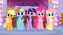 Size: 1920x1080 | Tagged: safe, screencap, applejack, fluttershy, pinkie pie, rainbow dash, twilight sparkle, earth pony, pegasus, pony, unicorn, g4, my little pony: friendship is magic, suited for success, horn, rarity's bedroom, unicorn twilight