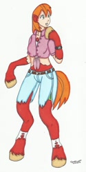 Size: 898x1789 | Tagged: safe, artist:cqmorrell, big macintosh, earth pony, human, pony, g4, arm hooves, chest fluff, clothes, female to male, front knot midriff, human to pony, mid-transformation, midriff, ripping clothes, rule 63, signature, socks, solo, torn clothes, torn socks, transformation, transgender transformation, wardrobe malfunction, watch, wristwatch