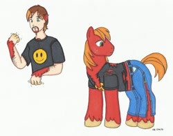 Size: 1607x1266 | Tagged: safe, artist:cqmorrell, big macintosh, earth pony, human, pony, g4, beard, clothes, denim, facial hair, human to pony, jeans, light skin, male, pants, self portrait, shirt, signature, simple background, solo, stallion, t-shirt, traditional art, transformation, white background