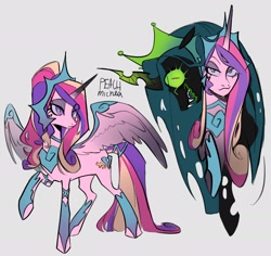 Size: 2048x1934 | Tagged: safe, artist:peachmichea, princess cadance, queen chrysalis, alicorn, changeling, changeling queen, pony, g4, alternate hairstyle, alternate universe, cadance is not amused, crown, duo, duo female, evil cadance, eyeshadow, fangs, female, gray background, hoof shoes, infidelity, jewelry, lesbian, makeup, mare, open mouth, ponytail, regalia, ship:cadalis, shipping, simple background, unamused