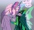 Size: 1892x1682 | Tagged: safe, artist:peachmichea, princess cadance, queen chrysalis, human, g4, alicorn humanization, alternate hairstyle, alternate universe, armor, asserting dominance, cadance is not amused, clothes, crown, dress, duo, duo female, evil cadance, female, glowing, glowing horn, gray background, hand on cheek, horn, horned humanization, humanized, infidelity, jewelry, kneeling, lesbian, magic, open mouth, pony coloring, regalia, ship:cadalis, shipping, simple background, speech bubble, tongue out, unamused, winged humanization, wings