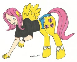 Size: 1212x977 | Tagged: safe, artist:cqmorrell, fluttershy, human, pegasus, pony, g4, all fours, blush lines, blushing, clothes, gritted teeth, hooves, human to pony, humanized, light skin, mid-transformation, signature, simple background, socks, solo, teeth, torn clothes, torn socks, traditional art, transformation, watch, white background