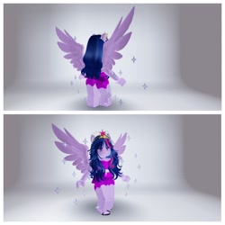 Size: 1920x1920 | Tagged: safe, human, equestria girls, g4, 3d, alternate hairstyle, big crown thingy, clothes, crown, dress, element of magic, female, game screencap, jewelry, messy hair, regalia, roblox, solo, sparkles, spread wings, wings