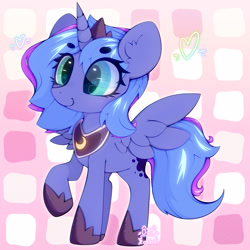 Size: 3000x3000 | Tagged: safe, artist:zokkili, princess luna, alicorn, pony, g4, crown, ear fluff, eye clipping through hair, eyebrows, eyebrows visible through hair, female, high res, hoof shoes, horn, jewelry, peytral, princess shoes, raised hoof, regalia, solo, spread wings, wings