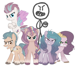 Size: 912x782 | Tagged: safe, screencap, hitch trailblazer, izzy moonbow, pipp petals, sunny starscout, zipp storm, earth pony, pegasus, unicorn, g4, g5, my little pony: friendship is magic, my little pony: tell your tale, the mean 6, angry, evil smile, horn, male, mane five, mean five (g5), mean hitch trailblazer, mean izzy moonbow, mean pipp petals, mean stickman, mean sunny starscout, mean zipp storm, meanified, serious, serious face, smiling, stallion, stick figure