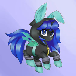 Size: 894x894 | Tagged: safe, artist:rosefluffdraws, oc, oc only, oc:blue visions, changeling, animal costume, blue changeling, bunny costume, bunny ears, changeling oc, clothes, costume, female, gradient background, hoodie, paw gloves, smiling, solo