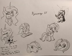 Size: 2048x1616 | Tagged: safe, artist:pony quarantine, oc, oc:dyx, oc:nyx, alicorn, pony, g1, g3, g4, g5, my little pony: tell your tale, book, duo, duo female, female, filly, foal, glasses, grayscale, gun, lidded eyes, monochrome, nyxruary, older, older dyx, older nyx, pen drawing, reading, round glasses, shotgun, siblings, sisters, smiling, smug, smug smile, solo focus, style emulation, teasing, text, tongue out, traditional art, weapon