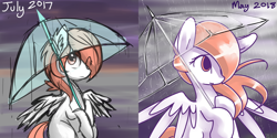 Size: 6928x3464 | Tagged: safe, artist:rosefluffdraws, oc, oc only, pegasus, pony, comparison, female, hair over one eye, mare, rain, redraw, sky, solo, umbrella