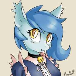 Size: 1000x1000 | Tagged: safe, artist:rosefluffdraws, oc, oc only, bat pony, anthro, bat pony oc, blushing, bust, clothes, female, female oc, maid, portrait, signature, simple background, smiling, solo