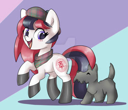 Size: 962x831 | Tagged: safe, artist:rosefluffdraws, oc, oc only, dog, pony, abstract background, clothes, deviantart watermark, duo, hat, obtrusive watermark, scottish, smiling, socks, tartan, watermark