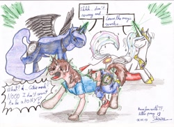 Size: 2338x1700 | Tagged: safe, artist:shiiriru, princess celestia, princess luna, oc, alicorn, pony, unicorn, g4, body horror, dialogue, forced, horn, human to pony, magic, ponified, traditional art, transformation