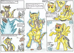 Size: 2338x1690 | Tagged: safe, artist:shiiriru, oc, oc only, oc:electuroo, kangaroo, pegasus, pony, unicorn, blast, comic, dialogue, furry, furry to pony, horn, magic, magic blast, traditional art, transformation