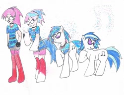 Size: 1024x786 | Tagged: safe, artist:blurryhooves-corner, artist:jonesycat79, dj pon-3, vinyl scratch, oc, oc:emily, human, pony, unicorn, g4, disappearing clothes, female, horn, human to pony, traditional art, transformation, transformation sequence