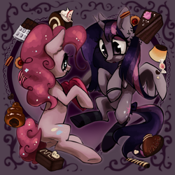 Size: 2153x2153 | Tagged: safe, artist:brainr0tter, pinkie pie, twilight sparkle, alicorn, earth pony, pony, g4, abstract background, cake, chocolate bar, chocolate cake, chocolate heart, clothes, cookie, duo, duo female, female, flan, food, heart, heart background, lesbian, mare, pudding, ship:twinkie, shipping, socks, striped socks, twilight sparkle (alicorn)