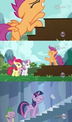 Size: 500x842 | Tagged: safe, edit, edited screencap, screencap, apple bloom, scootaloo, spike, sweetie belle, twilight sparkle, dragon, earth pony, pegasus, pony, unicorn, flight to the finish, g4, my little pony: friendship is magic, season 3, season 4, the crystal empire, cutie mark crusaders, female, filly, foal, hub logo, logo, male, mare, meme face, new episode, outdoors, palindrome get, stairs, the hub, unicorn twilight, wingless spike