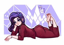 Size: 2048x1448 | Tagged: safe, artist:tmaldigo, rarity, human, pony, unicorn, g4, ass, barefoot, butt, clothes, feet, female, horn, humanized, legs in air, lying down, mare, pony reference, prone, rearity, soles, solo, the pose