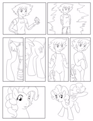 Size: 2550x3300 | Tagged: safe, artist:foxbeast, artist:zohaku, pinkie pie, earth pony, human, pony, g4, age progression, black and white, character to character, chris thorndyke, comic, crossover, grayscale, high res, human to pony, lineart, male to female, monochrome, older, rule 63, sonic the hedgehog (series), sonic x, transformation, transformation sequence, transgender transformation, wat