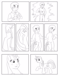 Size: 2550x3300 | Tagged: safe, artist:foxbeast, artist:zohaku, twilight sparkle, oc, oc:leroy, human, pony, unicorn, g4, book, clothes, comic, high res, human oc, human to pony, lineart, male to female, monochrome, pants, raised hoof, rule 63, sweater, transformation, transformation sequence, transgender transformation, unicorn twilight