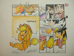 Size: 1600x1200 | Tagged: safe, artist:poka-chan, applejack, earth pony, human, pony, g4, comic, female, human male, human to pony, japanese, male, male to female, mare, question mark, rule 63, text, traditional art, transformation, transformation sequence, transgender transformation, translation request