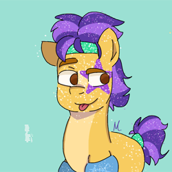 Size: 1000x1000 | Tagged: safe, artist:mindset, glitter drops, hitch trailblazer, earth pony, pony, g4, g5, 80s hitch trailblazer, alternate hairstyle, colored, digital art, dyed mane, ethereal mane, eyebrows, hairband, ibispaint x, looking away, male, mullet, one ear down, raised eyebrow, stallion, starry mane, stars, tongue out, turquoise background