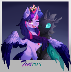 Size: 2876x2933 | Tagged: safe, artist:chunichichuni, thorax, twilight sparkle, alicorn, changeling, pony, g4, clothes, crown, duo, duo male and female, female, holiday, horn, jewelry, male, regalia, scarf, ship:twirax, shipping, straight, valentine's day, valentine's day 2025, wings