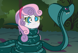 Size: 1308x887 | Tagged: safe, artist:ocean lover, edit, sweetie belle, cobra, snake, g4, base, bush, coils, everfree forest, fangs, fetish, forest, forest background, grass, headband, hypno eyes, hypnosis, hypnosis fetish, hypnotized, jungle, ms paint, nature, outdoors, squeeze, squeezing, trance, tree, two toned hair, unconscious, worried, wrapped snugly, wrapped up