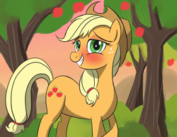 Size: 3300x2550 | Tagged: safe, artist:crimsonstride, applejack, earth pony, pony, g4, apple, apple tree, applejack's hat, blushing, cowboy hat, female, hat, lidded eyes, looking at you, mare, solo, stetson, sweet apple acres, tree