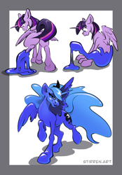 Size: 1640x2360 | Tagged: safe, artist:stirren, princess luna, twilight sparkle, alicorn, goo, goo pony, original species, pony, g4, bondage, canon, crown, encasement, jewelry, long mane, long tail, looking at you, pose, rear view, regalia, sequence, shiny, side view, surprised, tail, twilight sparkle (alicorn), wings