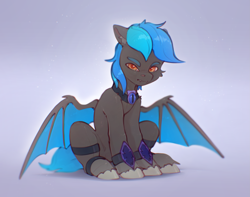 Size: 2493x1965 | Tagged: oc name needed, safe, artist:itssim, oc, oc only, bat pony, pony, bat pony oc, bat wings, cheek fluff, ear fluff, fangs, sitting, solo, spread wings, unshorn fetlocks, wings