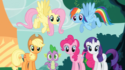 Size: 1920x1080 | Tagged: safe, screencap, applejack, fluttershy, pinkie pie, rainbow dash, rarity, spike, dragon, earth pony, pegasus, pony, unicorn, g4, my little pony: friendship is magic, the best night ever, horn, looking at you