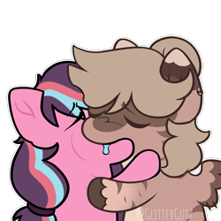 Size: 2000x2000 | Tagged: safe, artist:glittergutz, oc, oc only, oc:amyquel, oc:serenity pond, pegasus, pony, zebra, digital art, duo, eyes closed, hair tie, kiss on the lips, kissing, making out, meme, pegasus oc, pony oc, simple background, tied hair, transparent background, zebra oc