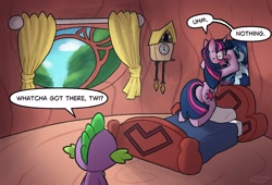 Size: 2853x1940 | Tagged: safe, artist:simpledoggo, spike, twilight sparkle, dragon, pony, unicorn, g4, bed, bedroom, blushing, caught, clock, cuckoo clock, dialogue, duo, embarrassed, female, golden oaks library, hatsune miku, male, mare, ponified, poster, speech bubble, sweat, sweating profusely, unicorn twilight, vocaloid