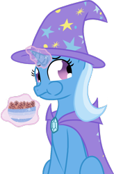 Size: 602x920 | Tagged: safe, artist:agreylongma, trixie, pony, unicorn, g4, my little pony: friendship is magic, bowl, cape, clothes, hat, horn, magic, pinecone, telekinesis, trixie's cape, trixie's hat