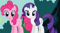 Size: 1003x554 | Tagged: safe, screencap, pinkie pie, rarity, earth pony, pony, unicorn, g4, my little pony: friendship is magic, season 1, the best night ever, cropped, horn, looking at you