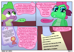 Size: 4960x3508 | Tagged: safe, artist:sweetielover, spike, oc, oc:goldigony, dragon, comic:scales at school, g4, bedroom, comic, document, female, high res, hooves, indoors, male, paper, school, webcomic