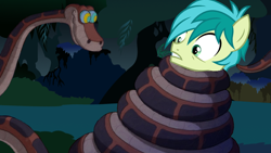 Size: 800x451 | Tagged: safe, artist:ocean lover, edit, sandbar, earth pony, python, snake, g4, bush, coils, crossover, disney, everfree forest, forest, forest background, friendship student, grass, green eyes, hair over one eye, hypno eyes, hypnotic, kaa, kaa eyes, looking at each other, looking at someone, male, nature, scared, snake tail, squeeze, tail, teenager, the jungle book, this will end in death, this will not end well, tree, two toned mane, worried, wrapped up