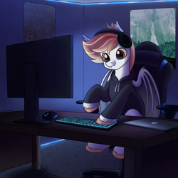 Size: 1500x1500 | Tagged: safe, artist:maravor, oc, bat pony, pony, clothes, computer, hoodie, male, solo, stallion