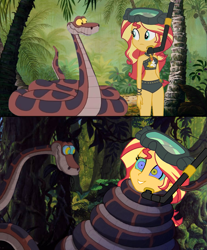 Size: 1181x1426 | Tagged: safe, artist:ocean lover, edit, sunset shimmer, human, python, snake, equestria girls, g4, 2 panel comic, bare shoulders, belly, belly button, bikini, bush, clothes, coils, comic, crossover, cute, disney, dive mask, fetish, forest, forest background, geode of empathy, goggles, hypno eyes, hypnosis, hypnosis fetish, hypnotized, jungle, kaa, kaa eyes, looking at each other, looking at someone, magical geodes, midriff, nature, shimmerbetes, sleeveless, smiling, squeeze, summer sunset, sunset shimmer's beach shorts swimsuit, swimsuit, swirly eyes, teal eyes, the jungle book, trance, tree, wrapped snugly, wrapped up