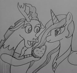 Size: 1280x1215 | Tagged: safe, artist:lunashy21, discord, princess celestia, alicorn, draconequus, pony, g4, my little pony: friendship is magic, the break up breakdown, duo, duo male and female, female, folded wings, heart shaped cake, heart shaped pie, hearts and hooves day, male, male and female, mare, mia source, monochrome, requested art, requester:railpony, requester:taionafan369, ship:dislestia, shipping, solo, straight, traditional art, wings