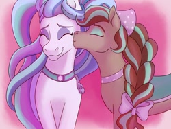 Size: 1000x750 | Tagged: safe, artist:ladykimba, horse, bandana, bow, cheek kiss, cocoa (wild manes), cute, duo, duo female, eyes closed, eyeshadow, female, hair bow, kissing, lesbian, makeup, mare, perla (wild manes), saddle, ship:cocoala, shipping, smiling, tack, wild manes