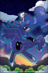 Size: 688x1044 | Tagged: safe, artist:mary bellamy, princess luna, tiberius, alicorn, g4, dark sky, flying, mane, mountain, mountain range, stars, sunrise, tree