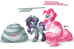 Size: 4500x3000 | Tagged: safe, artist:fluffyxai, marble pie, pinkie pie, oc, lamia, original species, snake, snake pony, g4, blushing, canon x oc, clothes, coils, curled up, hiding, pie sisters, shipping, shy, siblings, simple background, sisters, snake tail, socks, species swap, striped socks, tail, transparent background