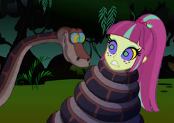 Size: 1280x905 | Tagged: safe, artist:tyriuskishayinew16, sour sweet, human, snake, equestria girls, g4, coils, duo, eyeshadow, female, forest, freckles, gritted teeth, hypno eyes, hypnosis, hypnotized, kaa, kaa eyes, looking at each other, looking at someone, makeup, male, nature, ponytail, teeth, tree, wrapped snugly, wrapped up