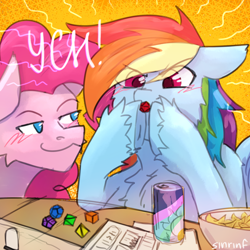 Size: 2480x2480 | Tagged: safe, artist:sinrinf, pinkie pie, rainbow dash, earth pony, pegasus, pony, g4, chest fluff, chips, commission, dice, dungeons and dragons, ear fluff, food, gaming, pen and paper rpg, praying, rpg, sketch, soda, unshorn fetlocks, ych sketch, your character here