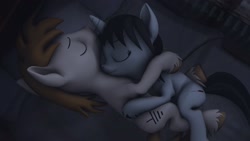 Size: 1920x1080 | Tagged: safe, artist:franzu5ik, oc, oc only, earth pony, pony, unicorn, 3d, bed, bedroom, brown mane, couple, cuddling, cute, duo, duo male and female, earth pony oc, eyes closed, female, horn, hug, indoors, love, male, night, nose wrinkle, on bed, pillow, shipping, sleeping, source filmmaker, straight, tail, together, unicorn oc, white body