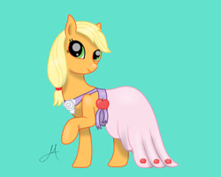 Size: 1280x1024 | Tagged: safe, artist:yinmai, applejack, earth pony, pony, g4, applebetes, applejack also dresses in style, clothes, cute, dress, female, filly, filly applejack, flower filly, flower girl, flower girl dress, green background, simple background, smiling, solo, younger