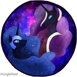 Size: 1024x1024 | Tagged: safe, artist:asinglepetal, idw, nightmare moon, nightmare rarity, rarity, alicorn, pony, unicorn, g4, bust, button design, duo, duo female, ethereal hair, ethereal mane, eyeshadow, female, glare, glaring at each other, helmet, horn, ipad, looking at each other, looking at someone, makeup, mare, moon, nightmarified, procreate, procreate app, redraw, space, starry mane, stars, watermark, wavy hair, white stripe, white stripes