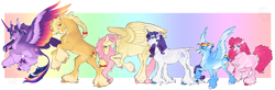 Size: 8760x2879 | Tagged: safe, artist:thegoogs, applejack, fluttershy, pinkie pie, rainbow dash, rarity, twilight sparkle, alicorn, classical unicorn, earth pony, pegasus, pony, unicorn, g4, alternate hairstyle, cloven hooves, colored hooves, colored wings, female, gradient background, gradient wings, hooves, horn, leonine tail, mane six, mare, multicolored hooves, rainbow background, spread wings, tail, twilight sparkle (alicorn), unshorn fetlocks, wings