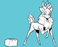 Size: 2000x1615 | Tagged: safe, artist:swayedy, velvet (tfh), deer, reindeer, them's fightin' herds, blue background, bread, community related, food, simple background, solo